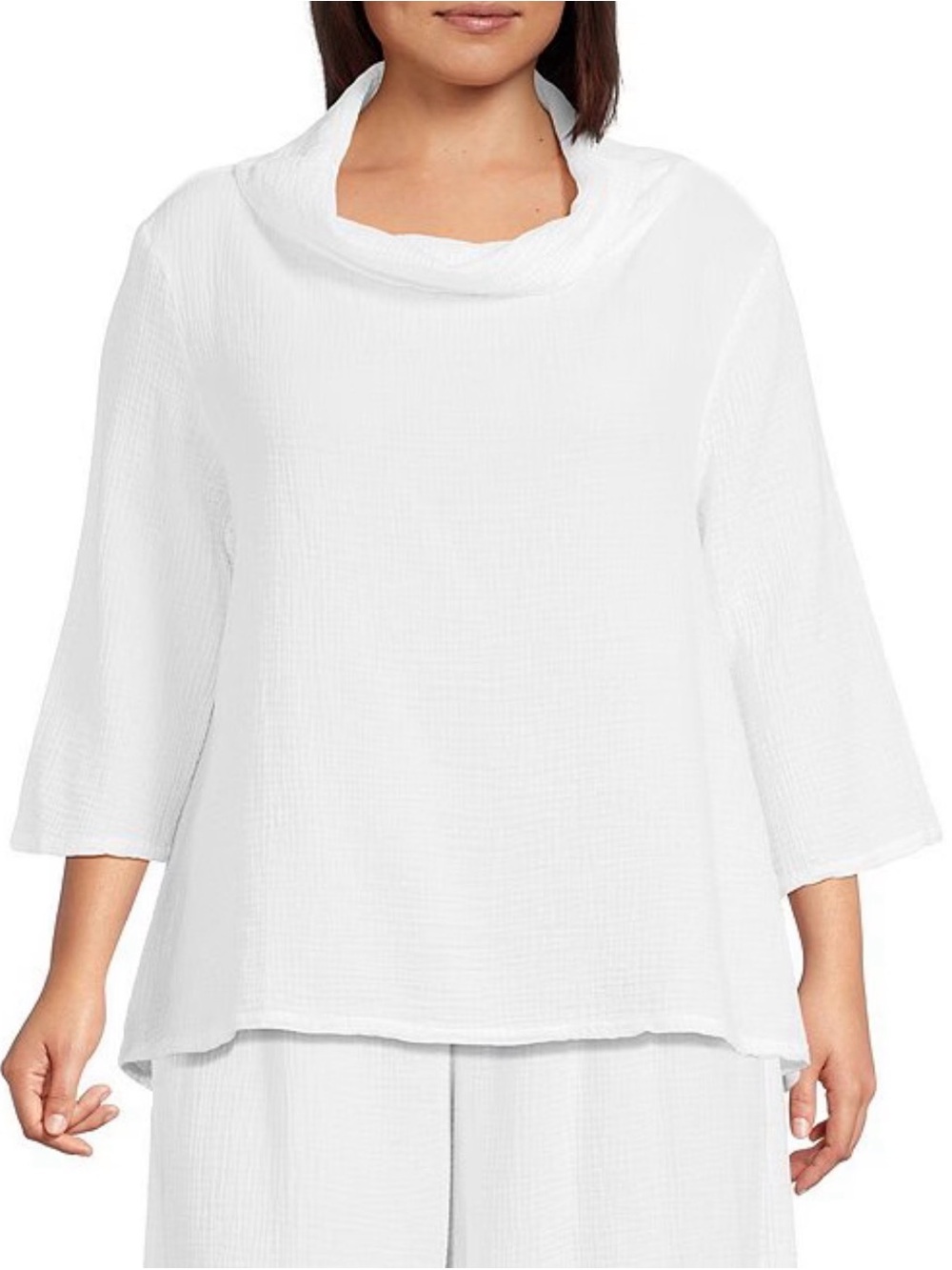 Women's White Cowl-Neck Tunic Top Plus Etta Cotton Gauze 3/4 Sleeve 2X